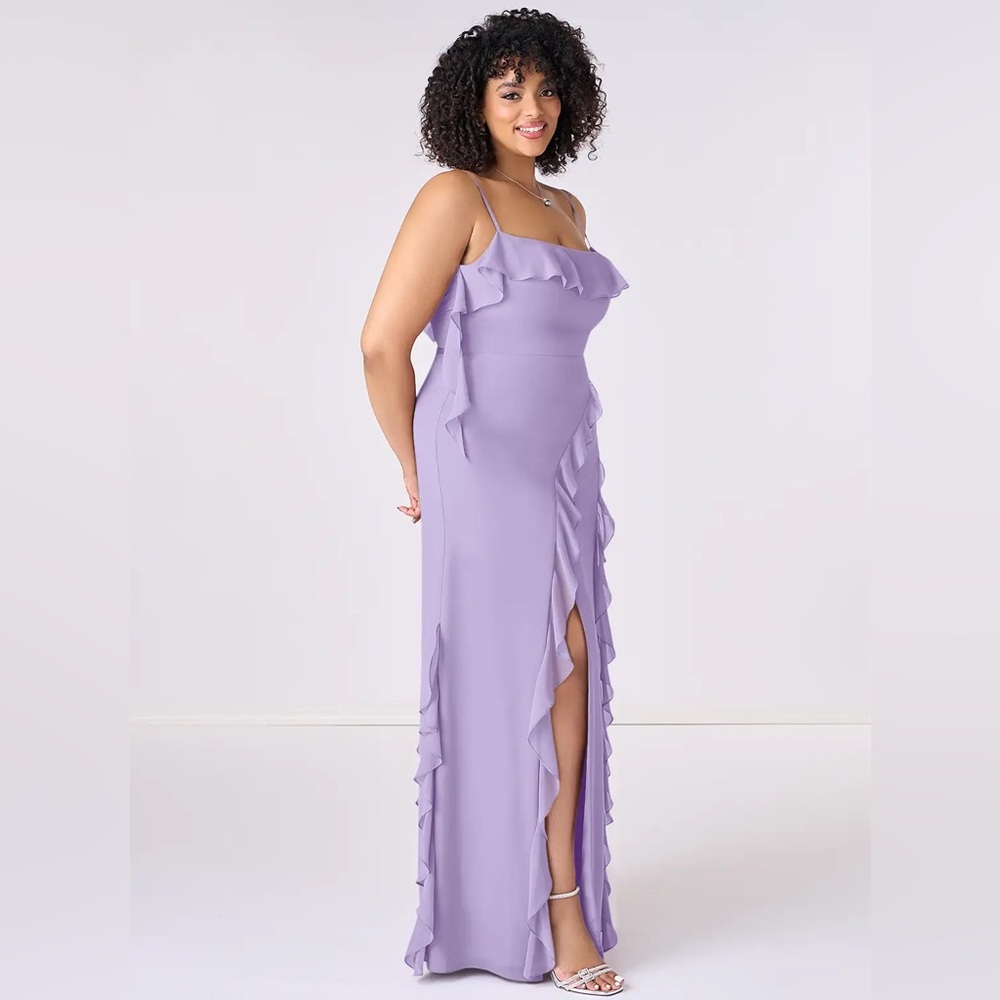 NEW M Barbie Azazie Lavender Lilac Spaghetti Strap Gown Dress Ruffle Slit